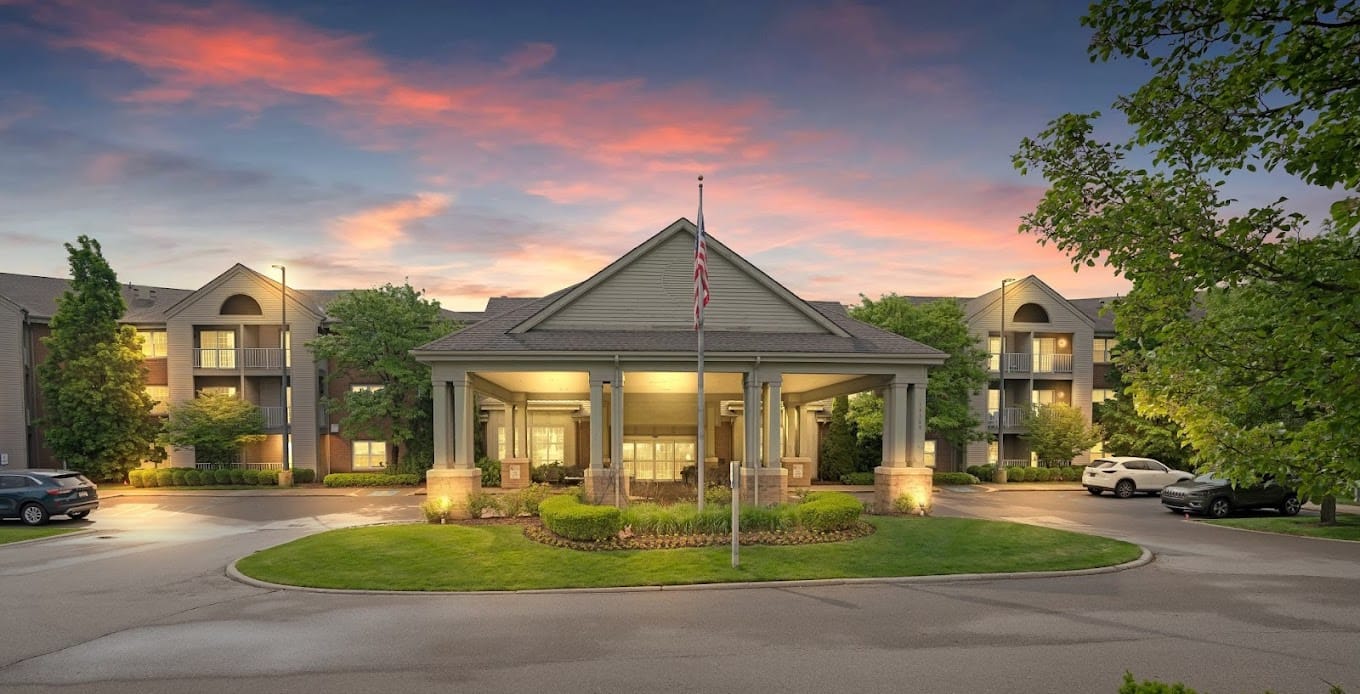 Building exterior of Shorehaven facility at sunset