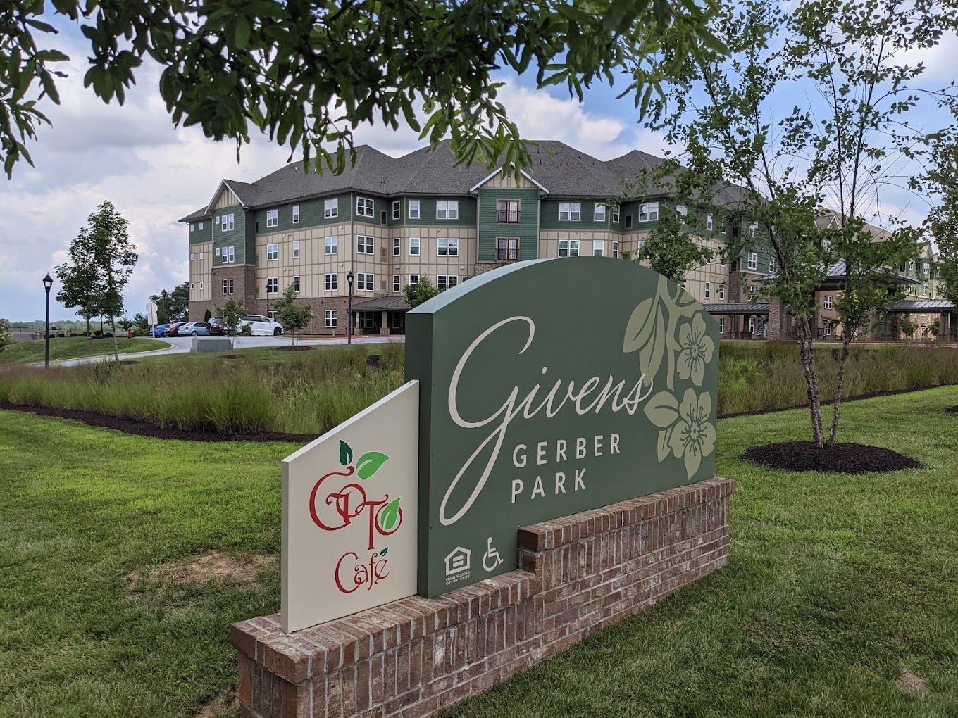 Exterior view of Givens Gerber Park facility and signage