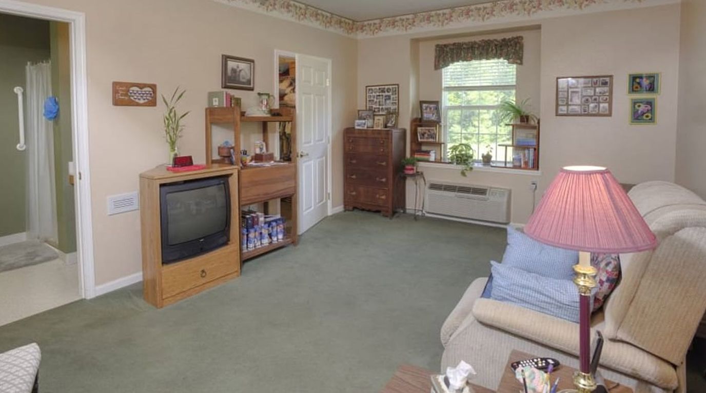 Cozy living room with TV and natural light