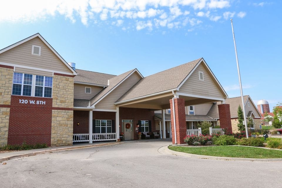 Exterior view of assisted living facility entrance