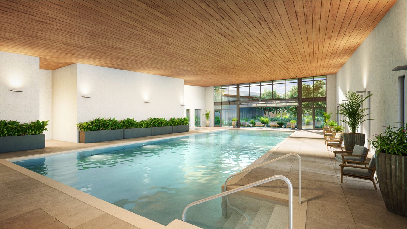 Indoor swimming pool area with plants and natural light