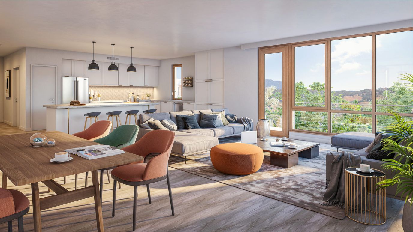 Bright, modern living room in a senior facility