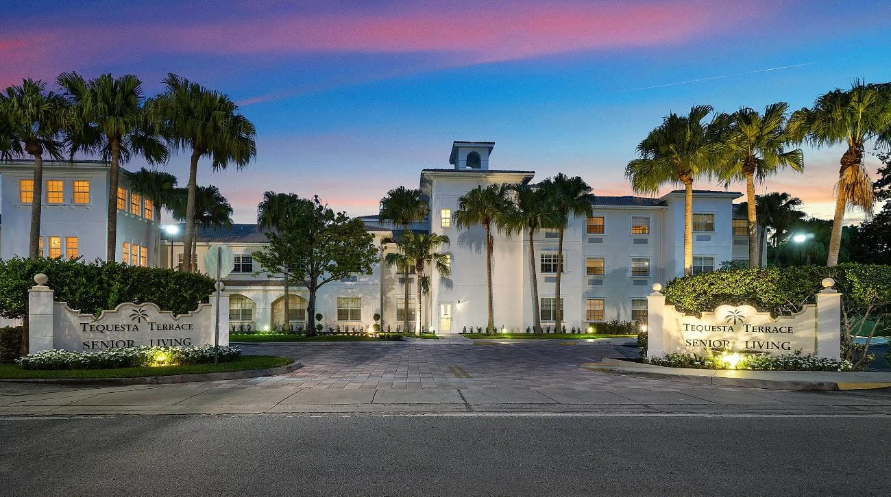 Exterior view of Tequesta Terrace senior living facility