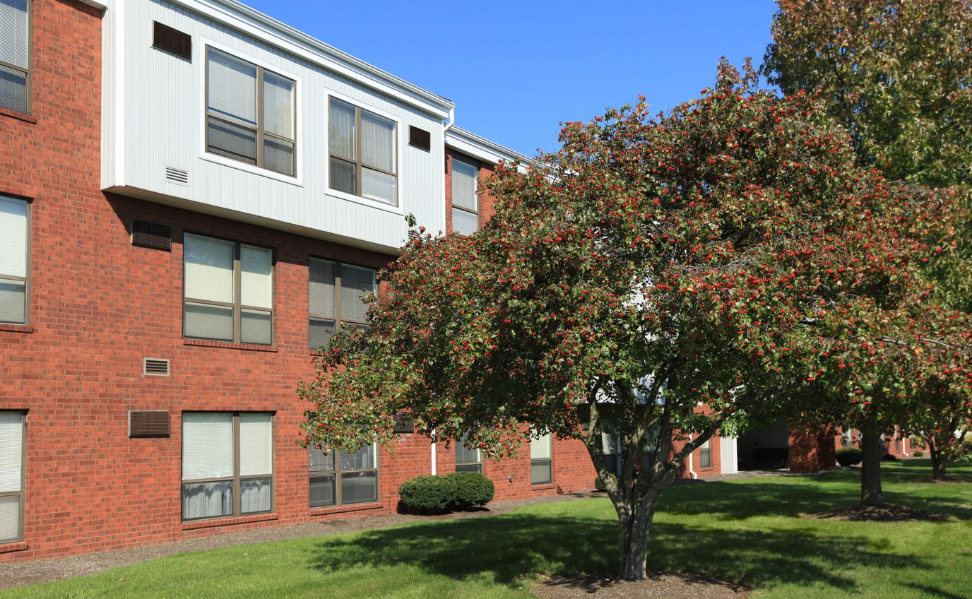 Exterior view of a senior living facility with a tree