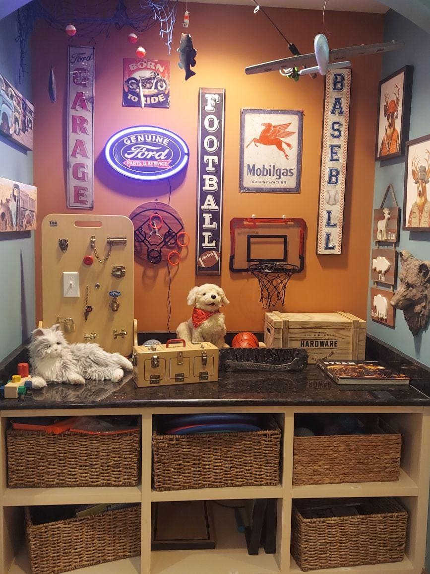 Decorative interior space with various memorabilia and toys