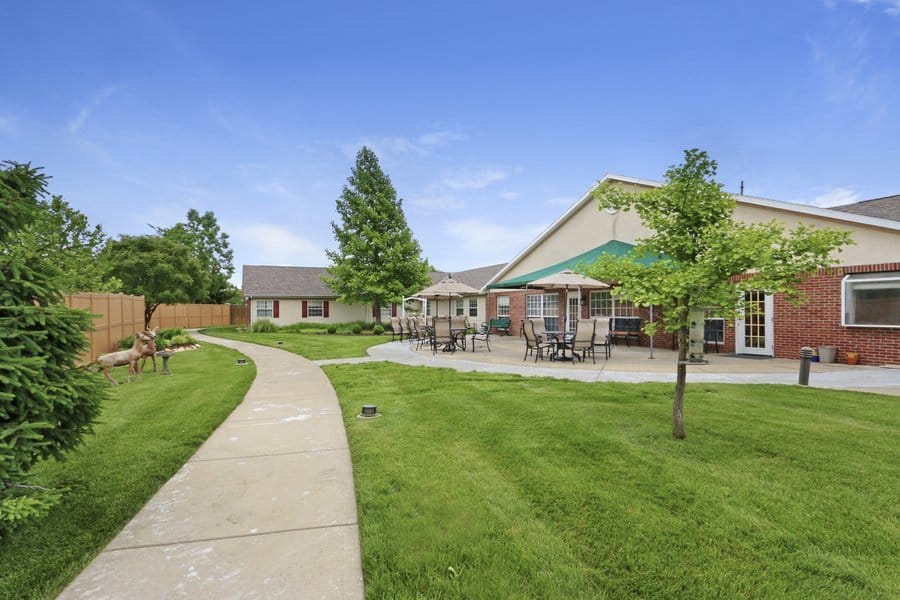 Outdoor space with seating and walking path
