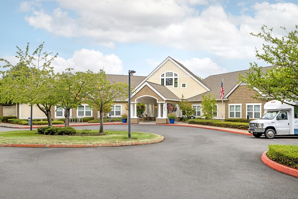 Exterior view of a senior living facility entrance