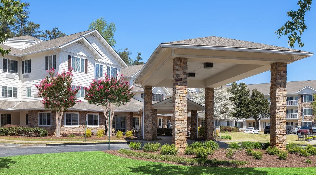 Exterior view of a senior living facility entrance