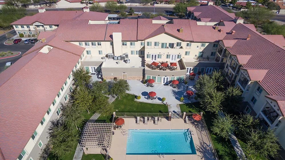 Aerial view of Mountain Park Senior Living with pool and outdoor space