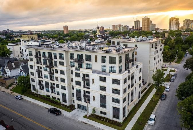 Aerial view of St. Rita Square building in a suburban area