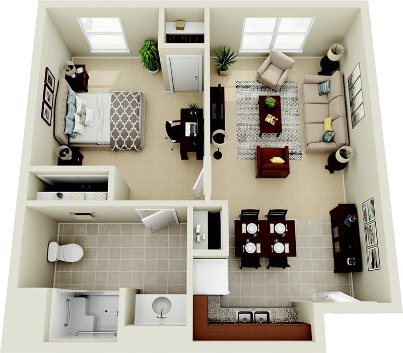 Floor plan of a one-bedroom apartment.