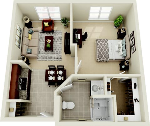 Layout of a one-bedroom suite in a senior living facility