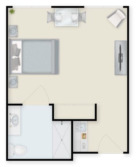 Floor plan of a private resident room with bathroom