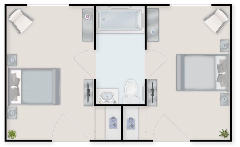 Architectural floor plan of a shared resident unit