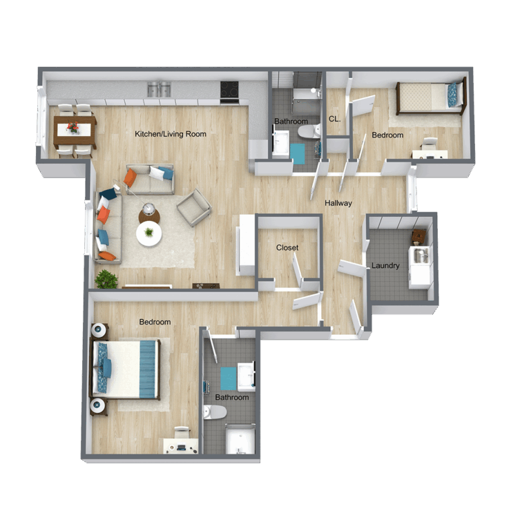 Architectural floor plan of a resident unit layout