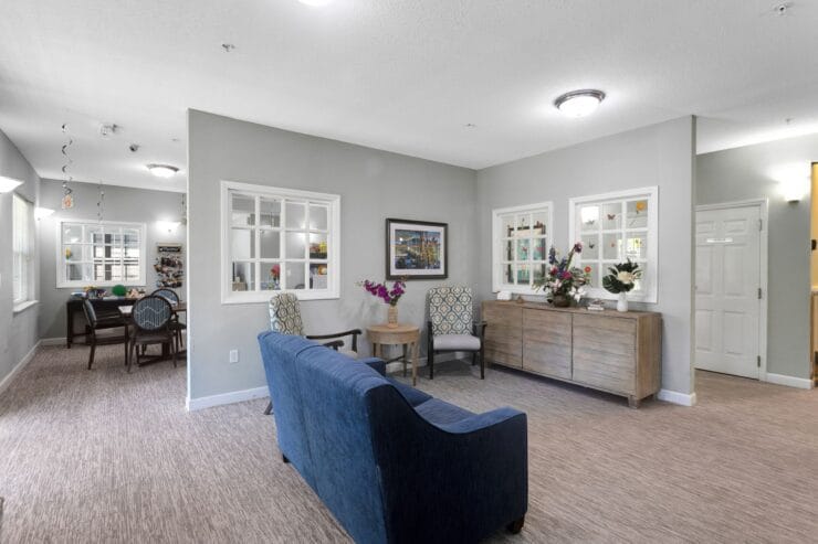 Bright common area with seating and decor