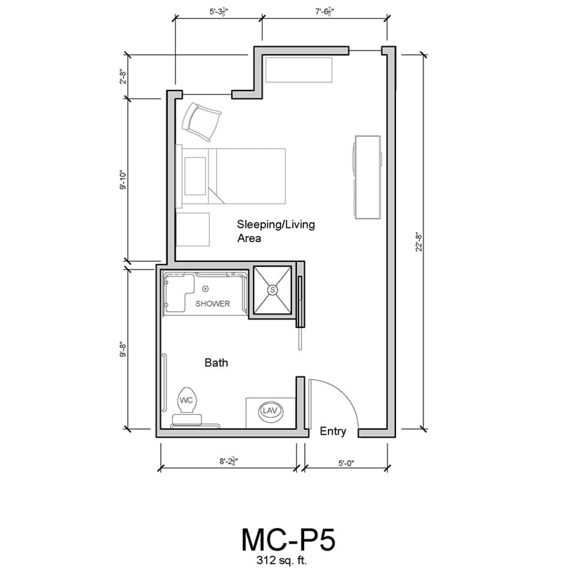 Architectural floor plan of resident living space