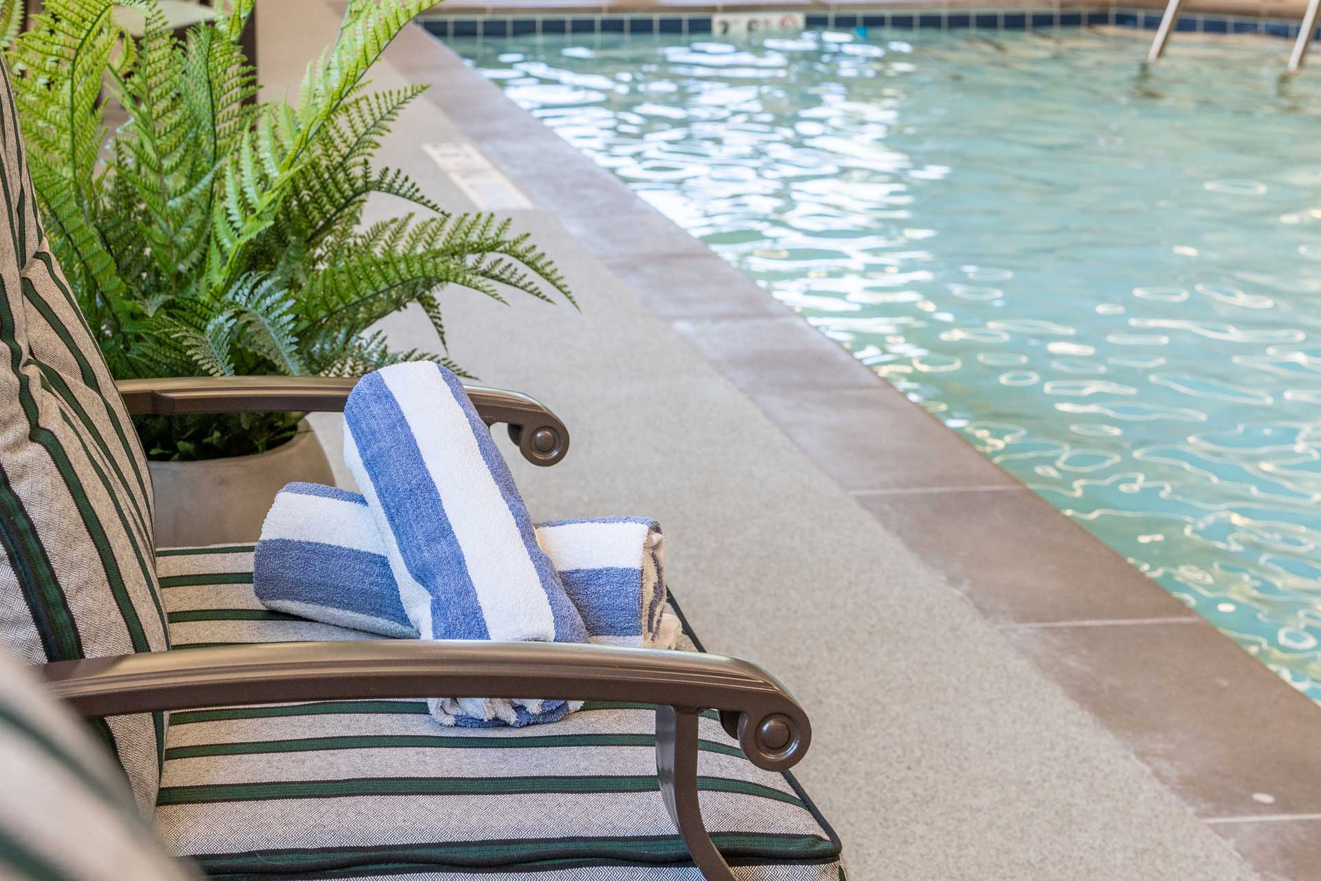 Indoor poolside seating with towels and plant