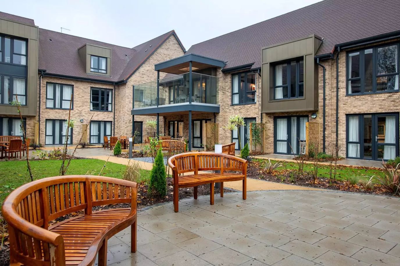 Courtyard with benches and landscaped garden