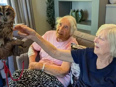 Residents interacting with an owl during a visit.