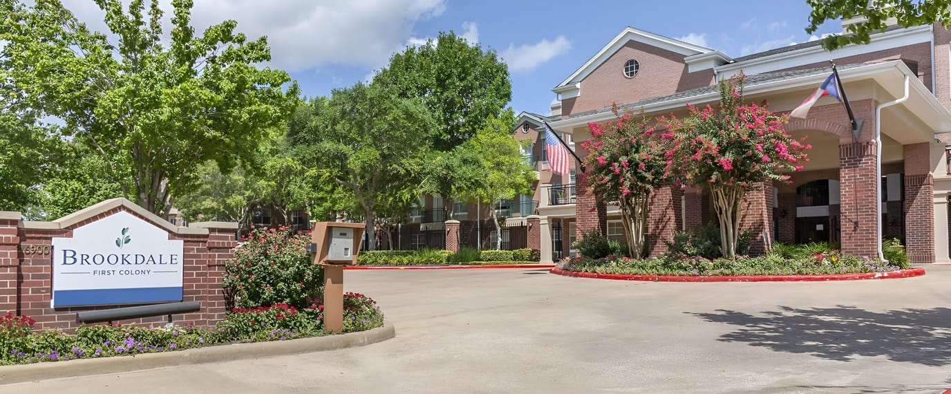 Exterior view of Brookdale First Colony entrance and signage