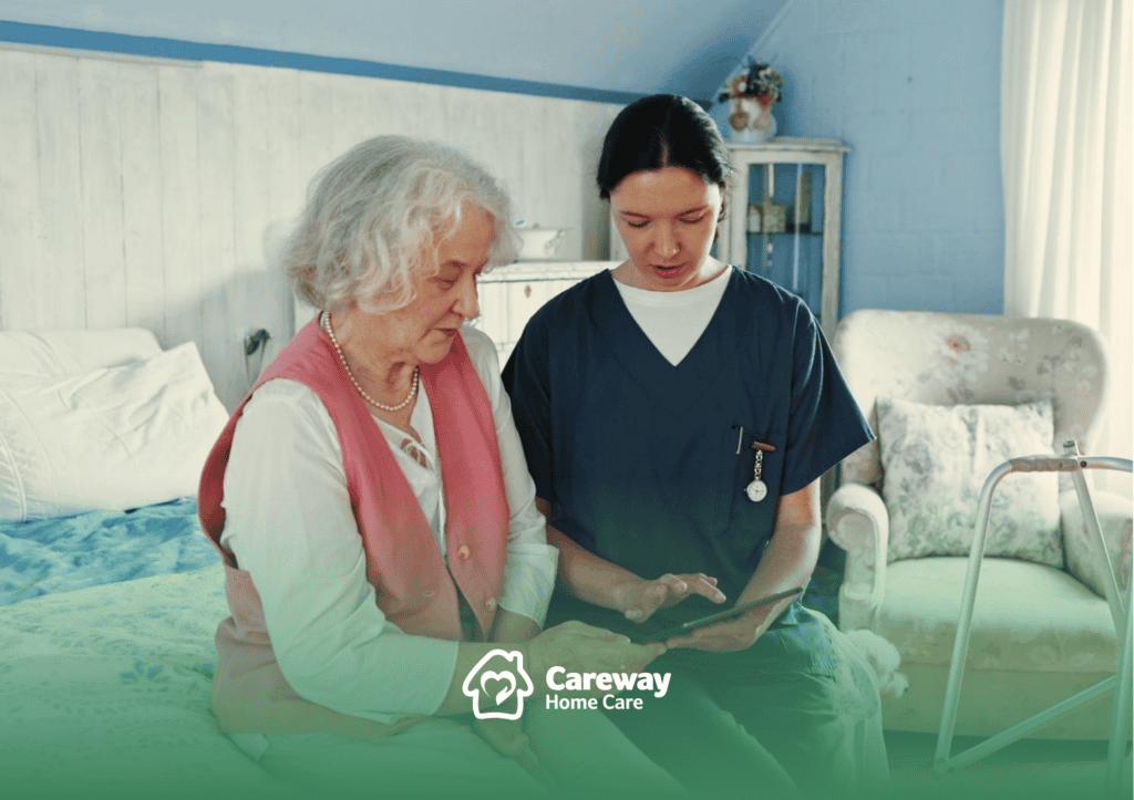 Caregiver assisting senior resident in a cozy room
