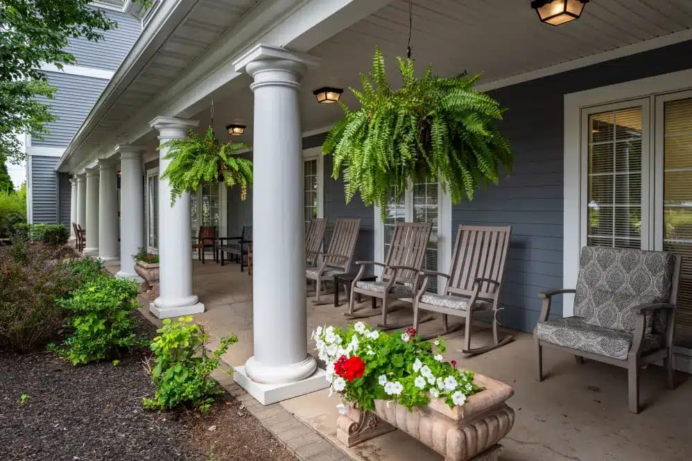 Quiet outdoor seating area with flowers