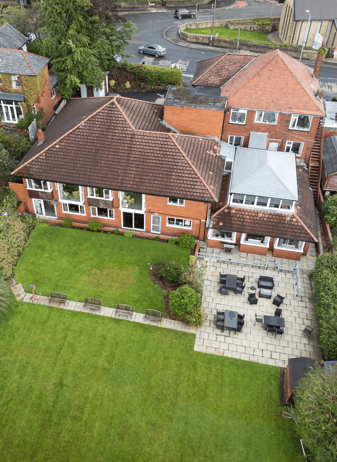 Aerial view of the Glenbank Care Home exterior and garden area.