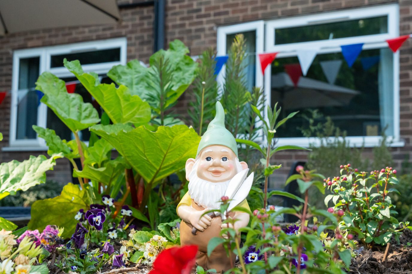 Garden gnome in a flower bed with plants.