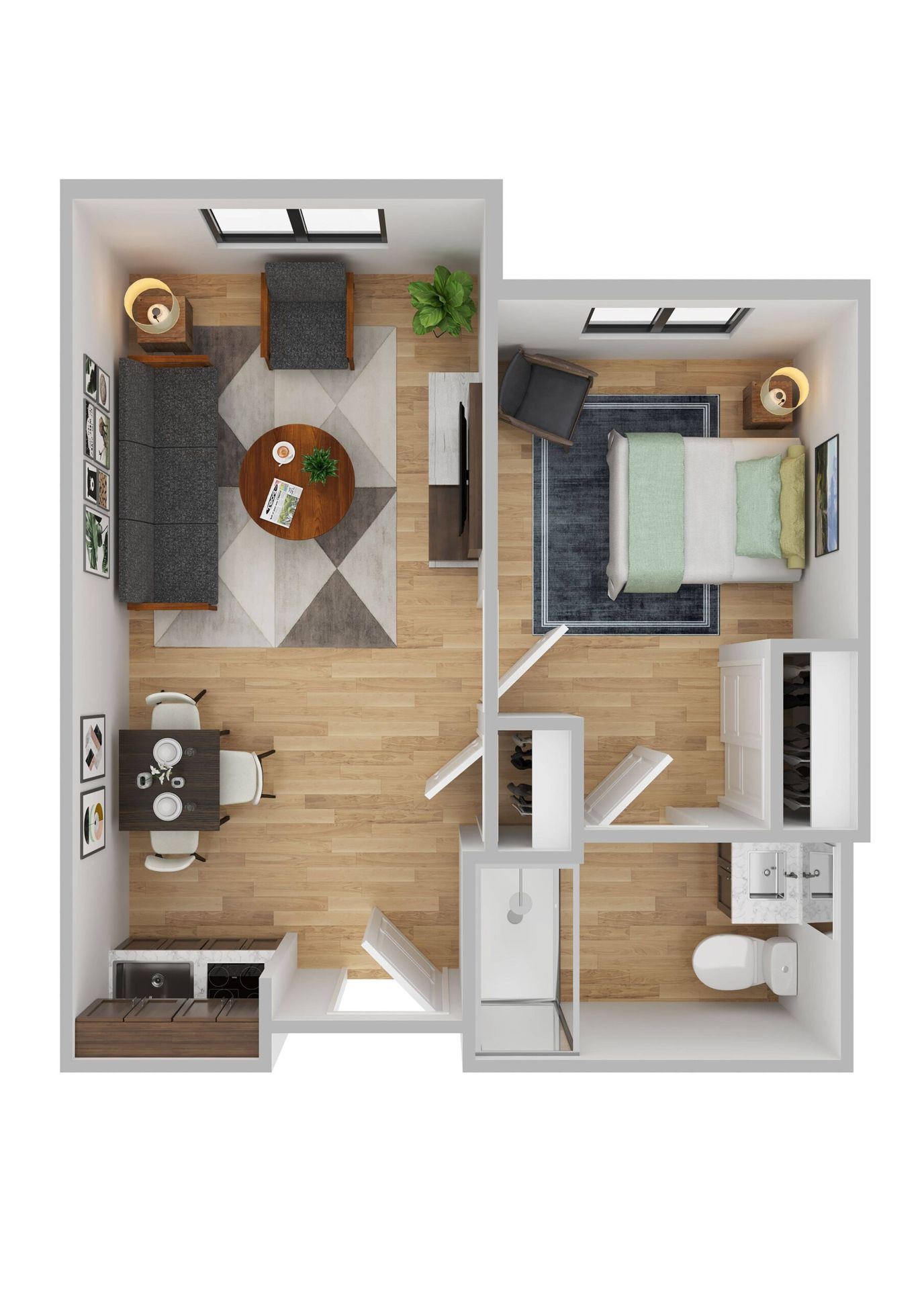 Floor plan of a one-bedroom apartment in a senior facility