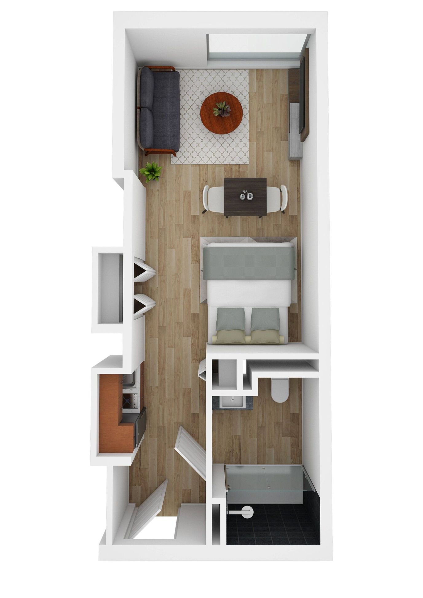 Layout of a private resident room with furniture