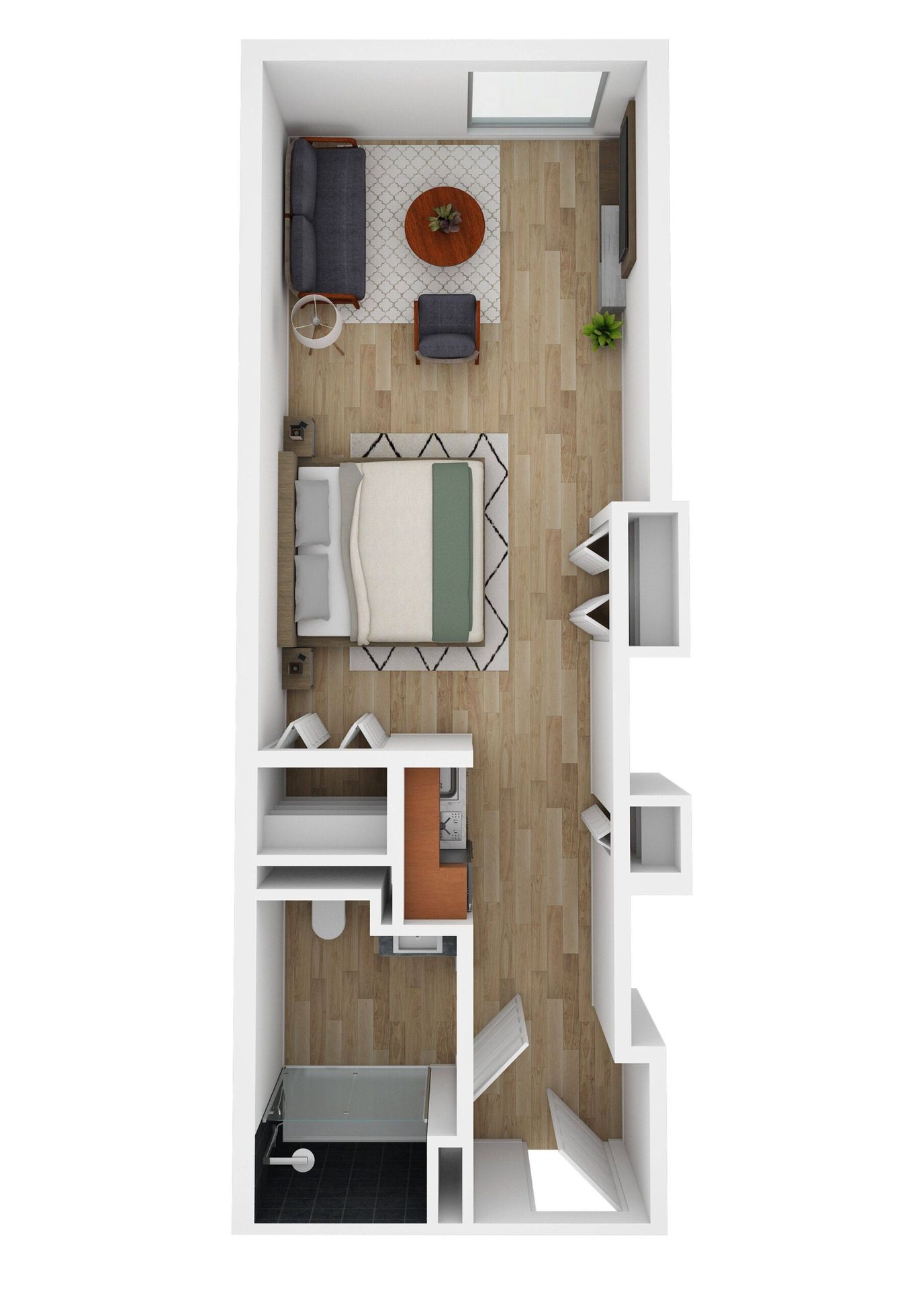 Top-down view of a small private room layout