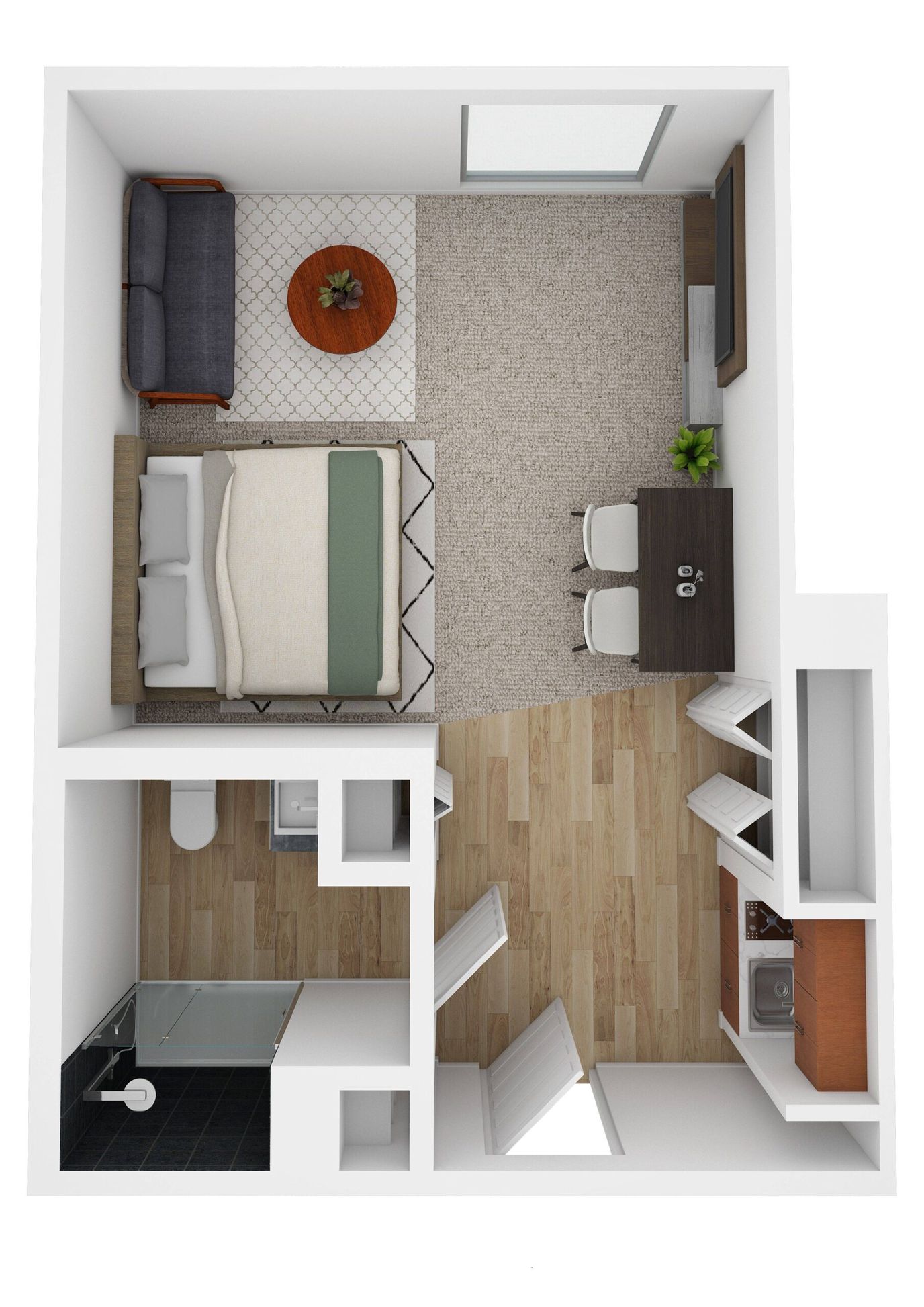 Aerial view of a private resident room layout