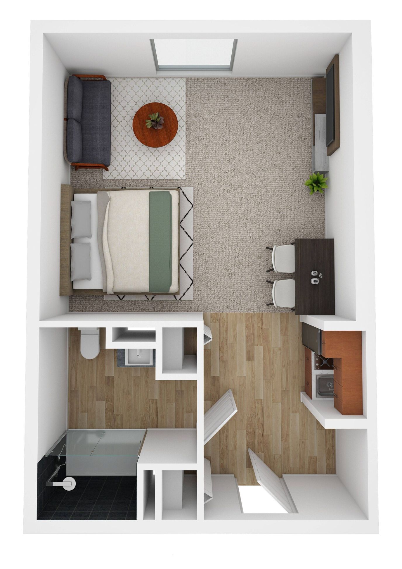 Stylized floor plan of a private resident room