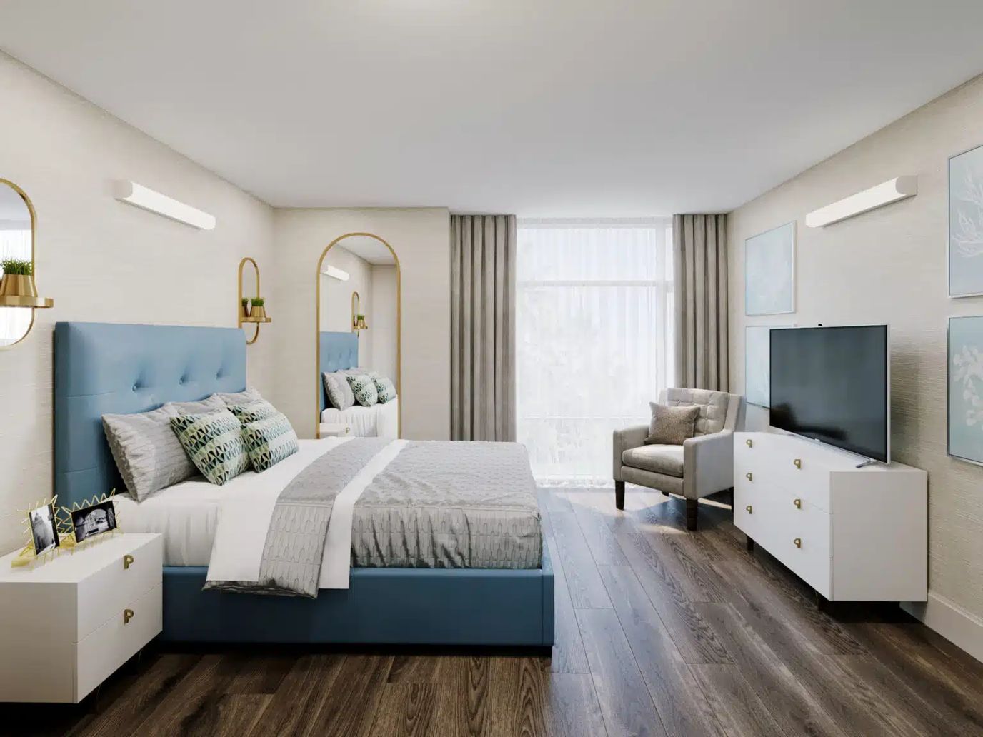 Bright and modern resident room with furniture