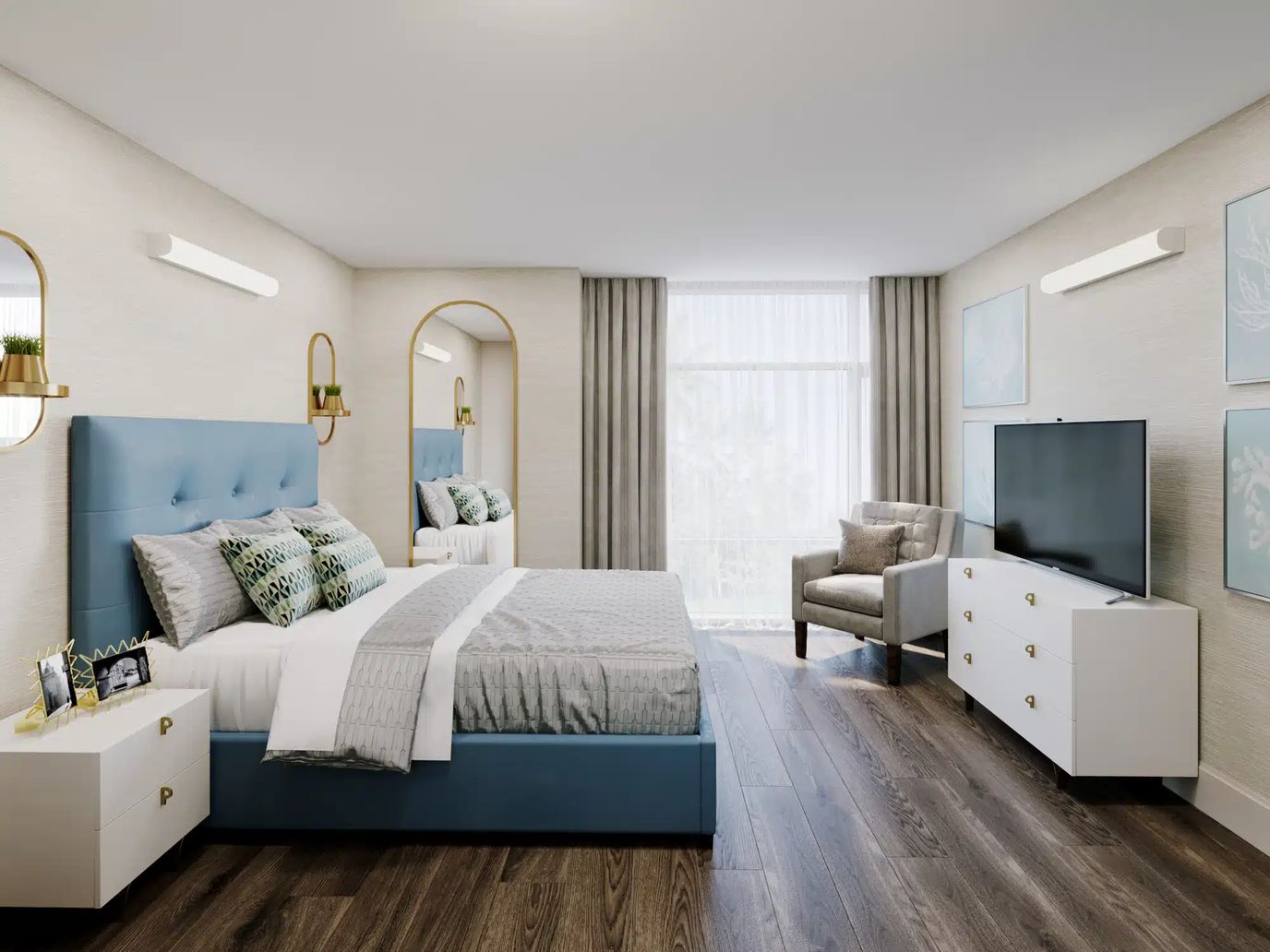 A stylish resident bedroom with natural light