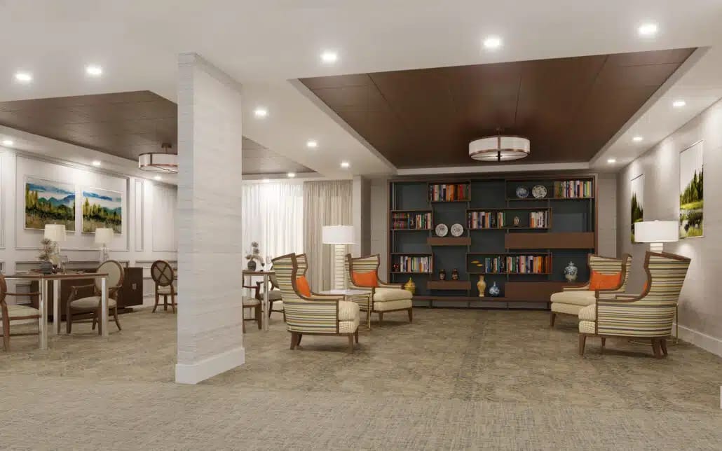 Common area with seating and bookshelves