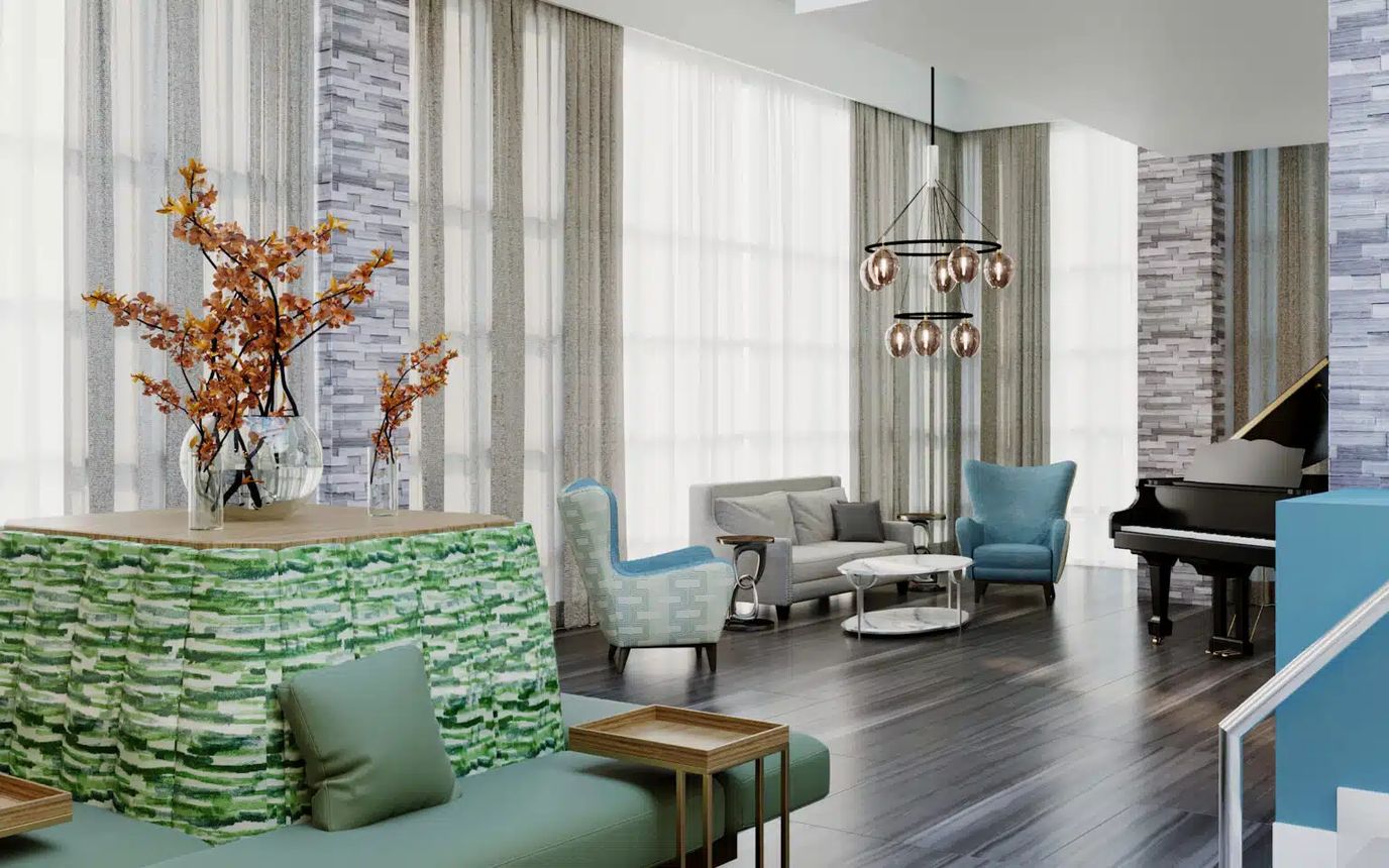 Bright common area with modern furnishings