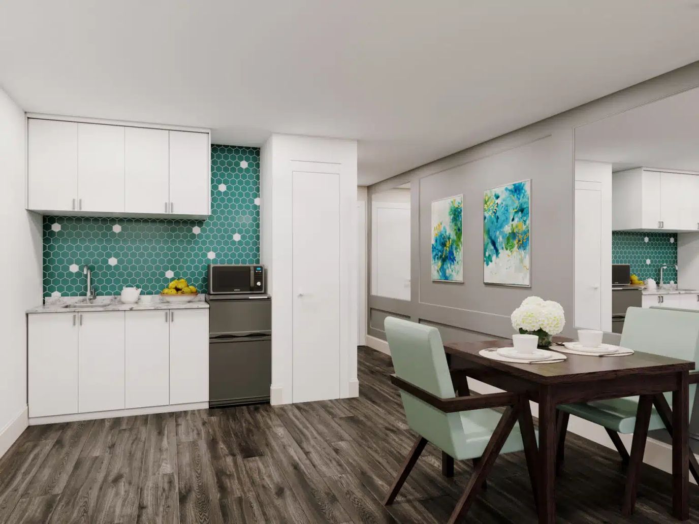 Bright, modern kitchen area with dining table