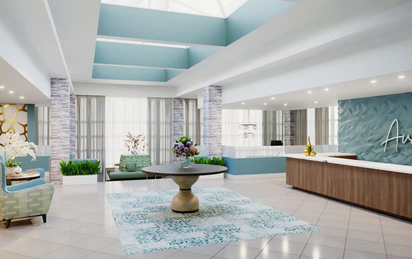 Bright and modern reception area in a senior living facility