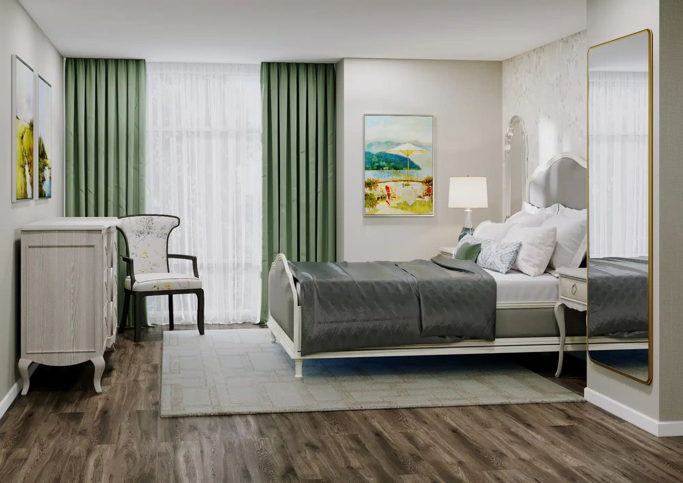 Brightly decorated resident bedroom with modern furnishings
