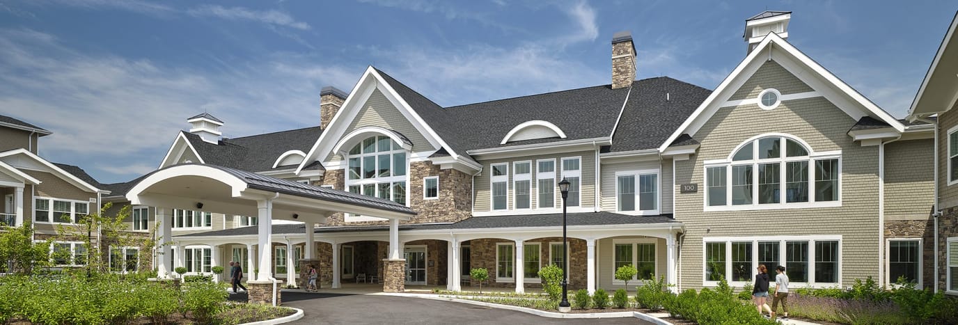 Exterior view of a senior living facility entrance