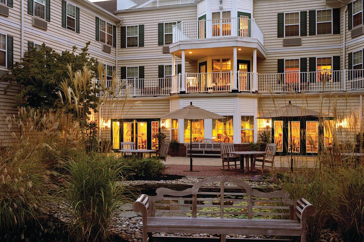 Exterior view of a senior living facility courtyard