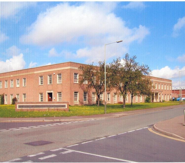 Exterior view of a large brick building