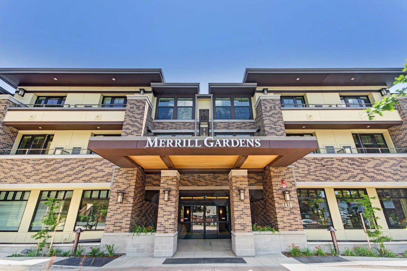 Merrill Gardens building entrance with signage