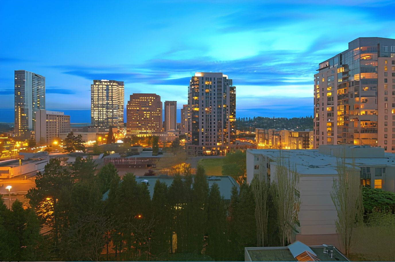Cityscape view of Bellevue with illuminated buildings