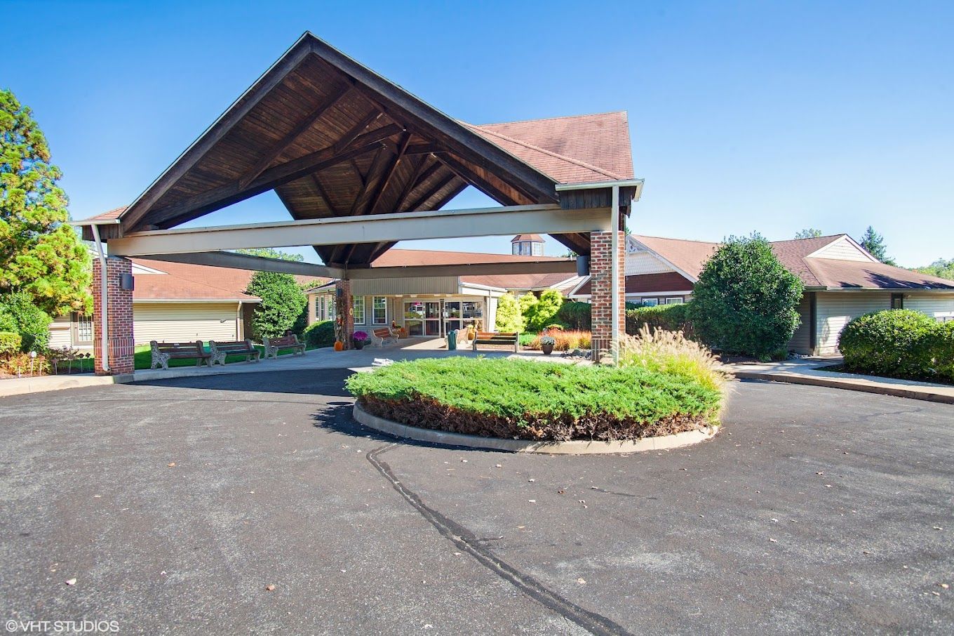 Exterior view of a senior living facility entrance