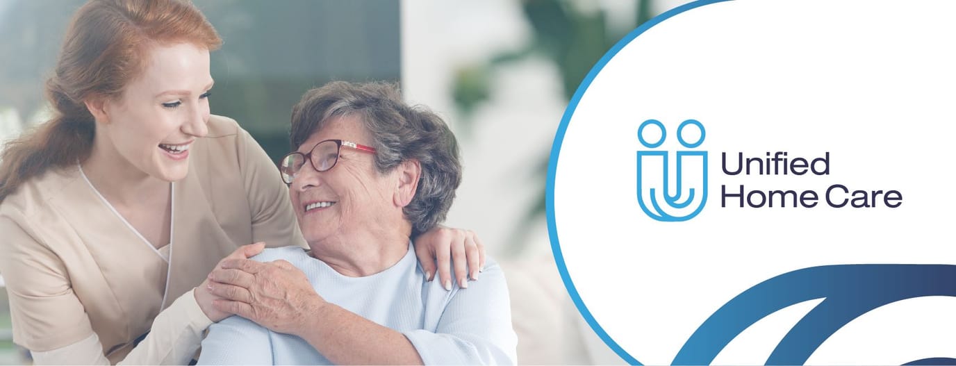 Logo and smiling caregiver with resident
