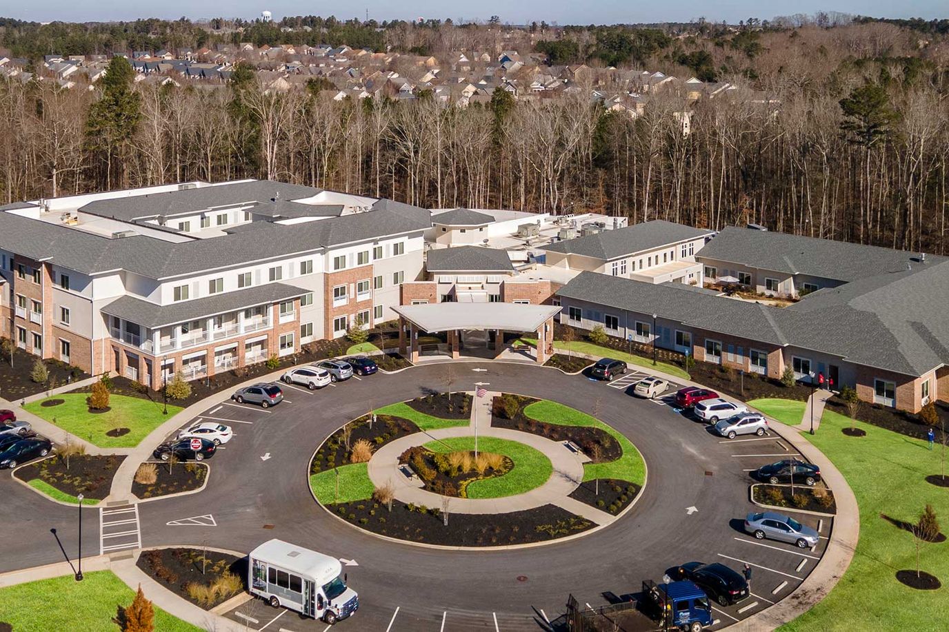 Aerial view of the Westhill Newnan Crossing facility with circular driveway
