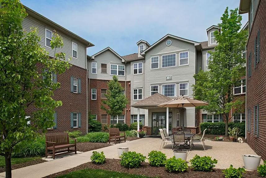 Exterior view of a senior living facility courtyard